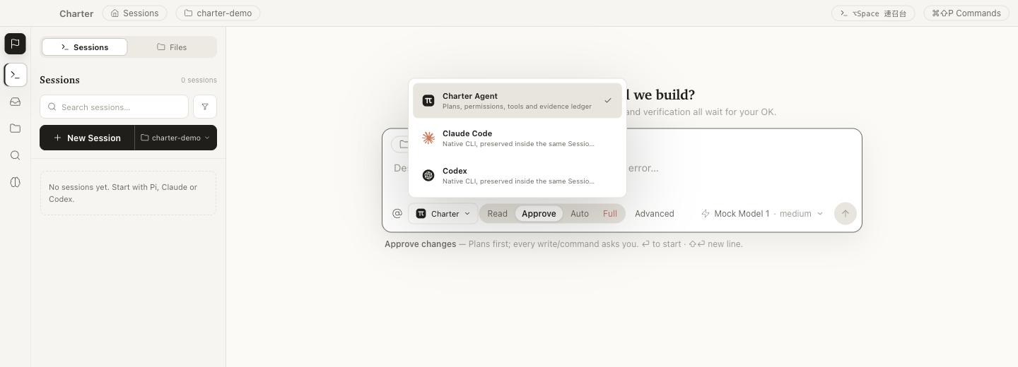Charter's composer with the agent picker open: Charter Agent, Claude Code, and Codex; permission modes Read, Approve, Auto, and Full below.