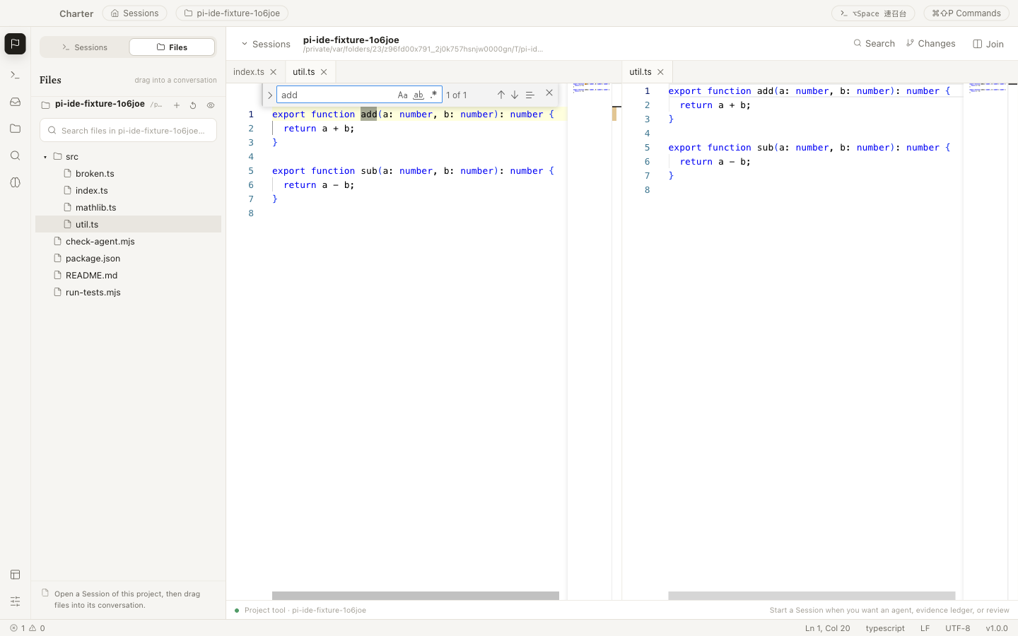 Monaco editor split into two panes with the find widget open and matches highlighted, next to the project file tree.