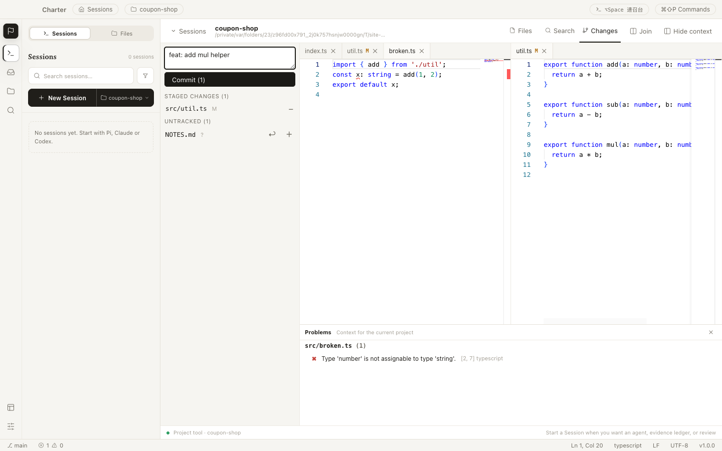 The source-control panel: a staged change, an untracked file, and a commit message ready to go, beside the split editor.