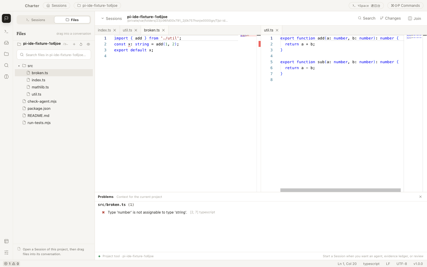 A TypeScript type error marked in the editor and listed in the Problems panel: 'Type number is not assignable to type string'.