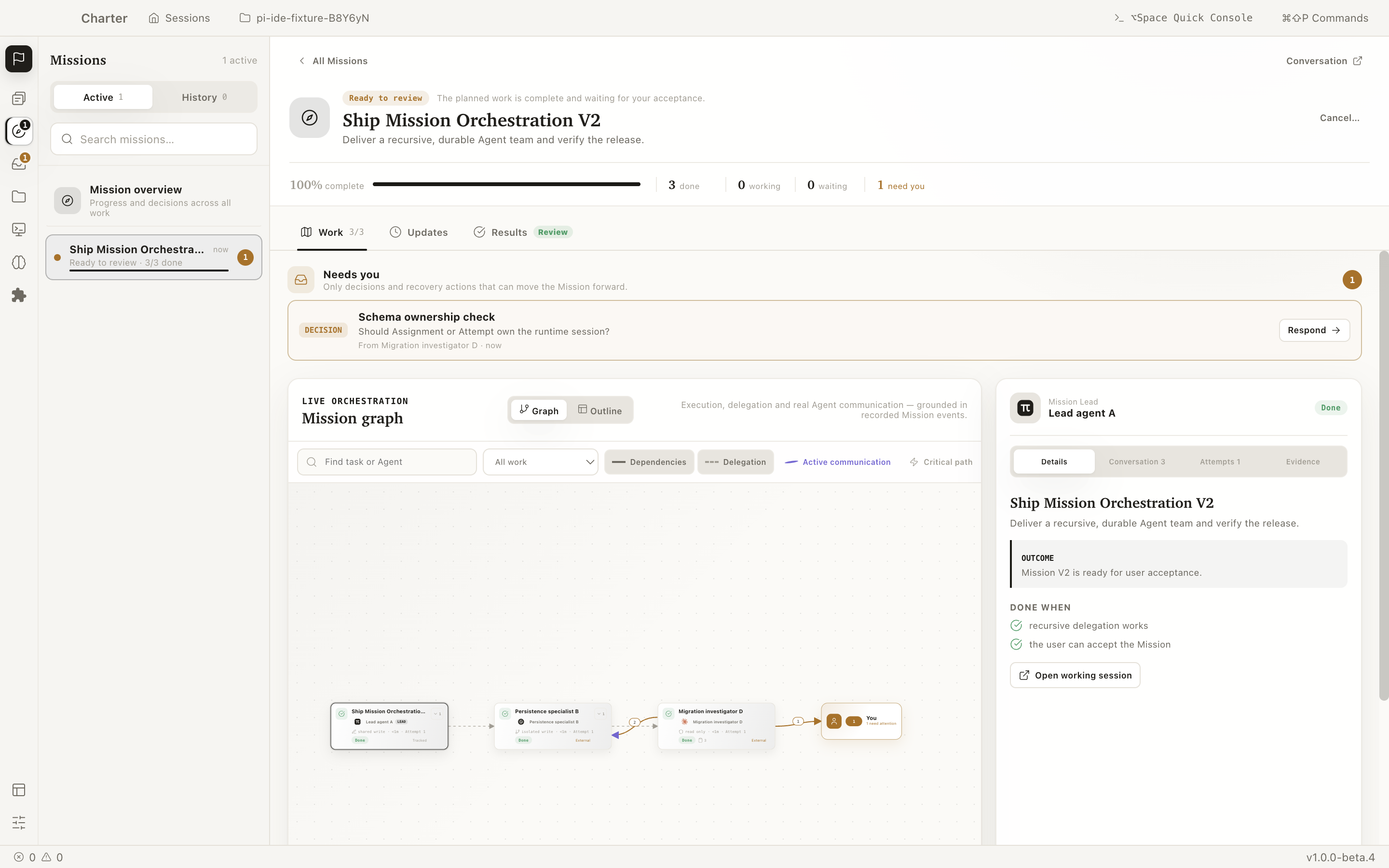 The real Charter Mission workbench showing a recursive task graph, an open decision that needs the user, progress, Results and Updates tabs, and evidence for the selected Agent.