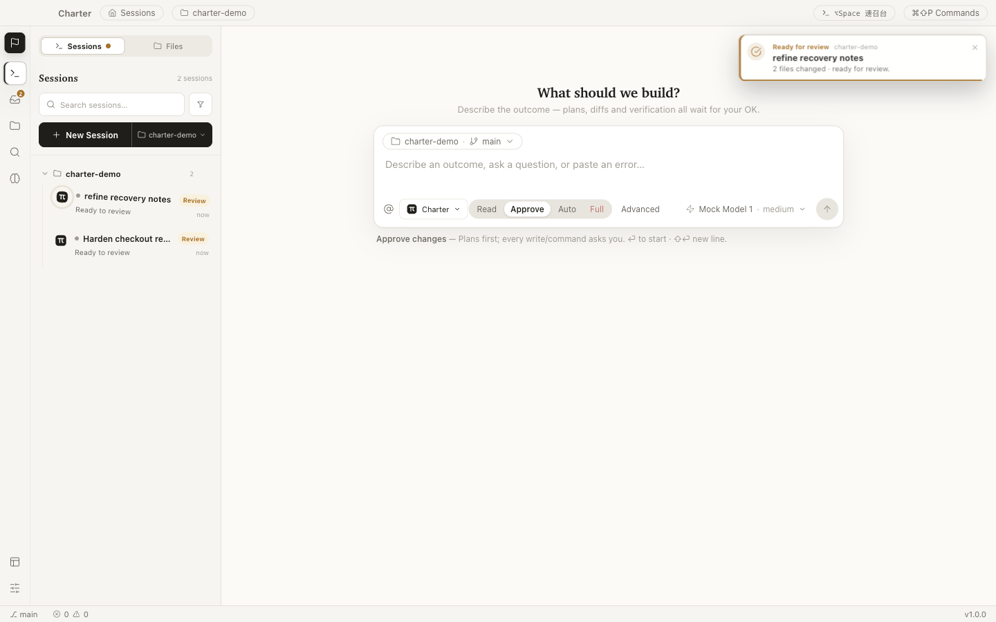 A completion notice in the top corner: amber tone bar, 'Ready for review — Harden checkout retries, 3 files changed', beside the review panel.