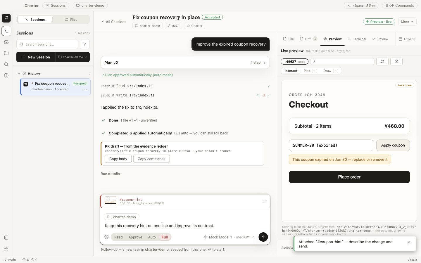 The review Preview tab: a demo app served from the task's isolated worktree, with a drawn marquee and a feedback note — 'The hint wraps on small widths' — ready to send to the agent.