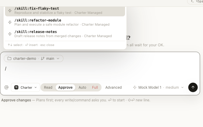 The composer with the slash-skill picker open: three managed skills with descriptions, keyboard hints to select and insert.