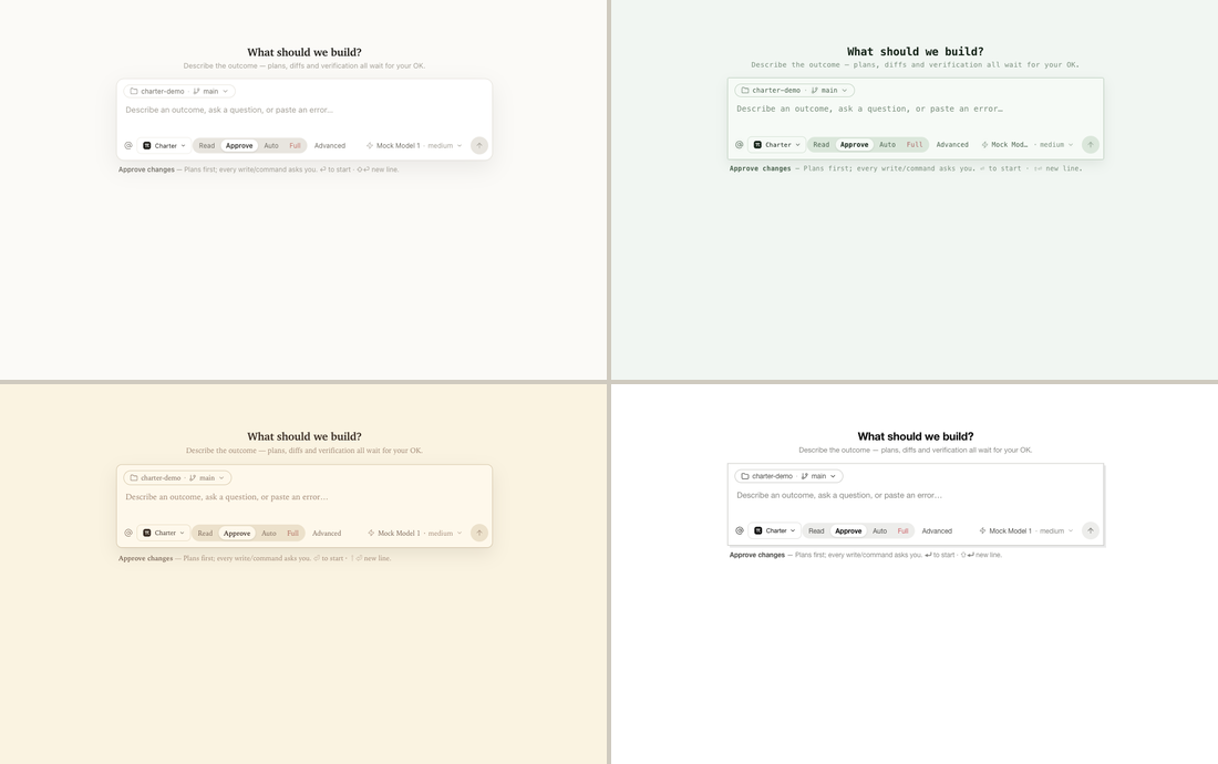 The same home surface in Charter's four skins — Studio, Terminal, Archive, and Index.