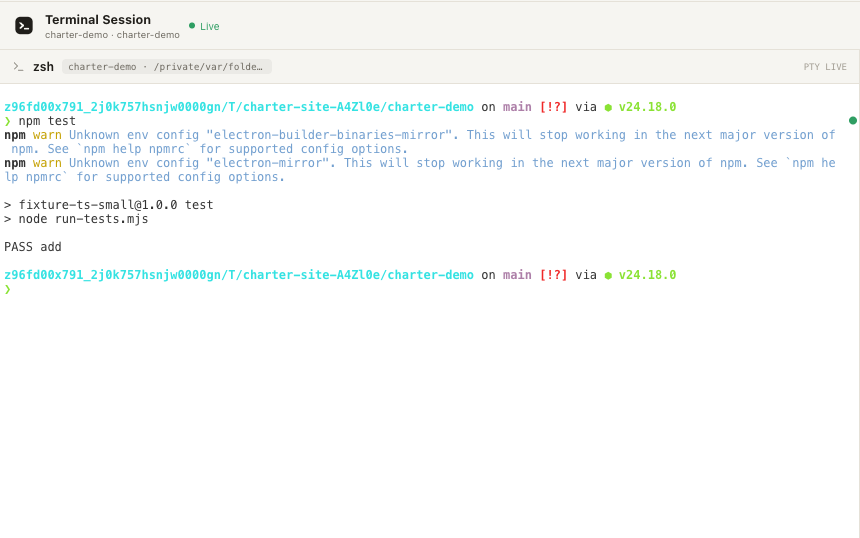 A real zsh terminal inside Charter running npm test, with the live PTY badge and the passing test output.