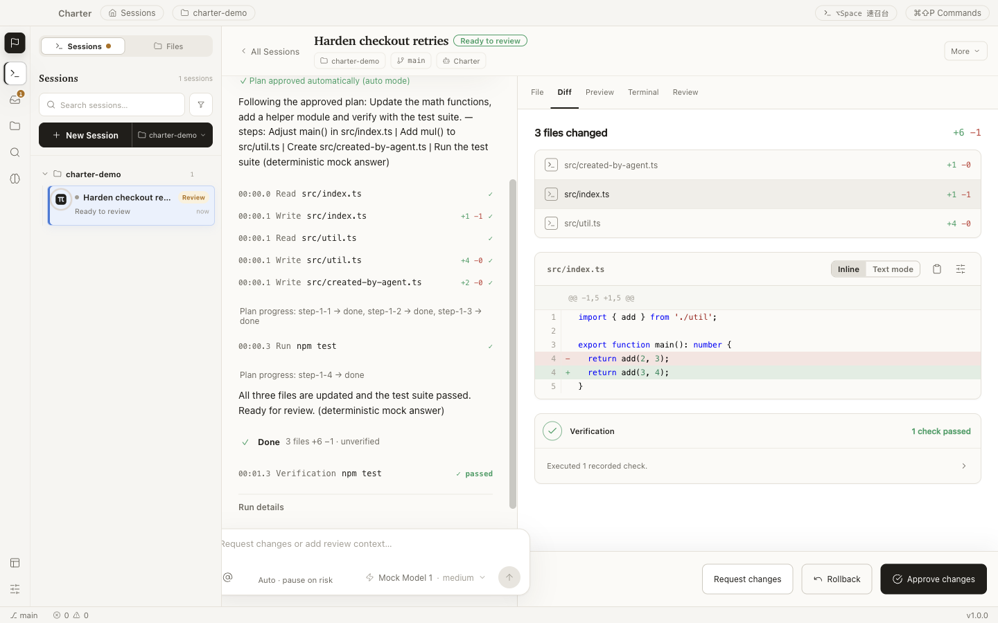 The Session work log recording reads, writes with diffstats, a test run, and a passed verification — beside the inline diff it produced.