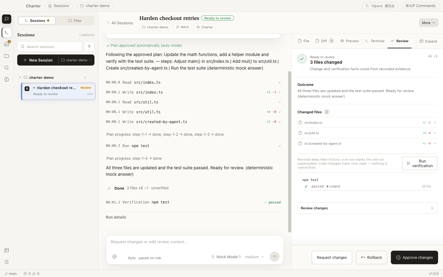 Act four — Review: work parks at Ready to review with a completion notice, changed files, and Request changes, Rollback, and Approve actions.